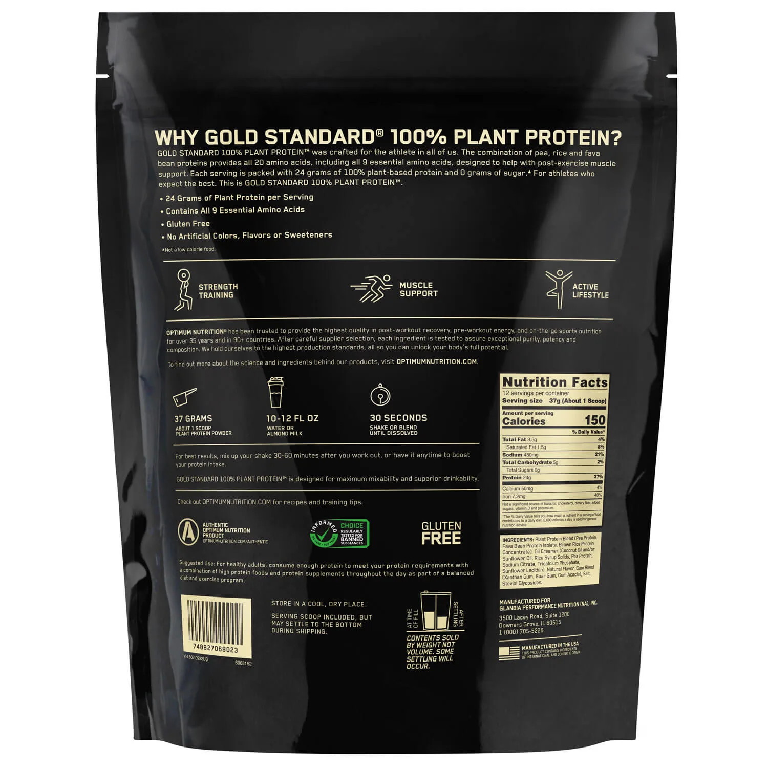 100 plant protein gold standard 444g optimum nutrition baunilha infos