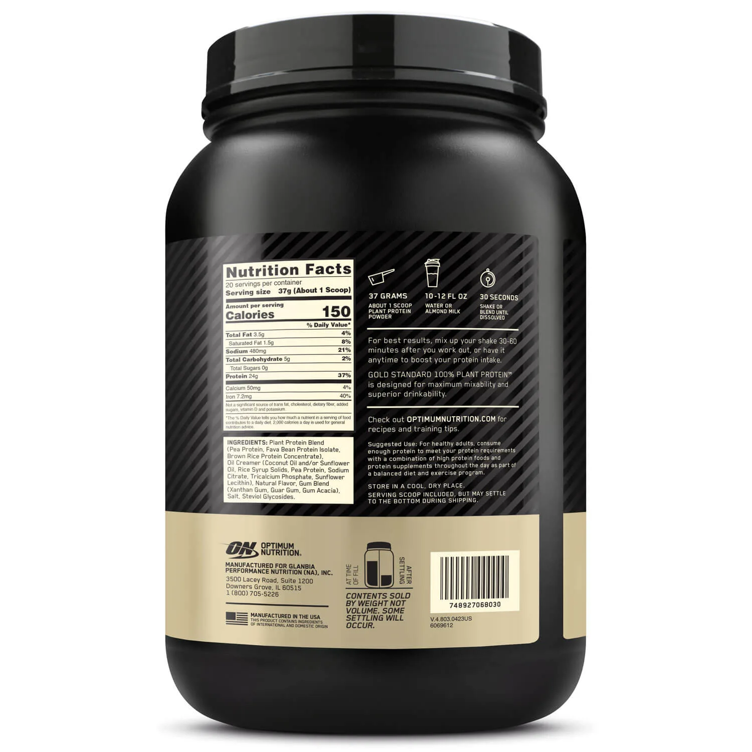 100 plant protein gold standard 740g optimum nutrition baunilha tabela nutricional