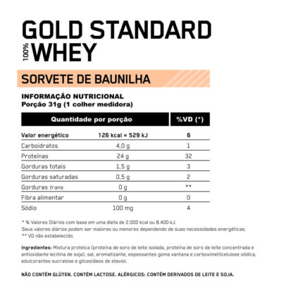 100 whey gold standard tabela nutricional baunilha optimum nutrition