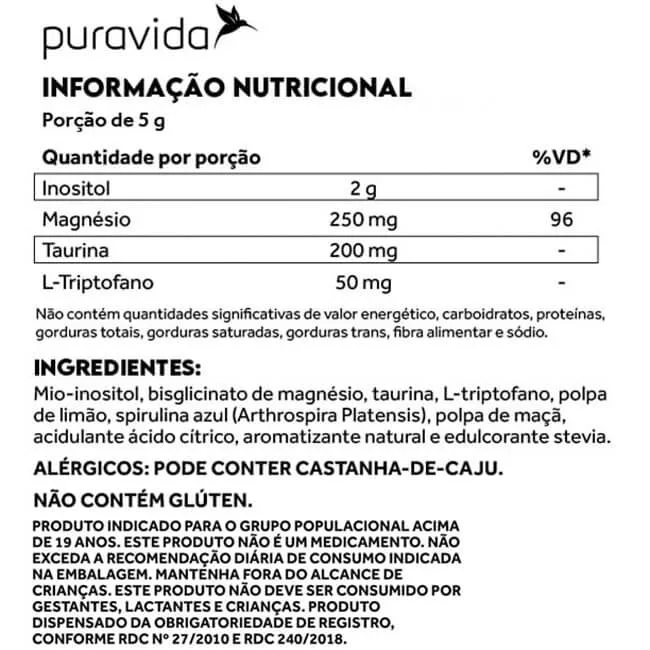 blue calm sache de 5g puravida tabela nutricional