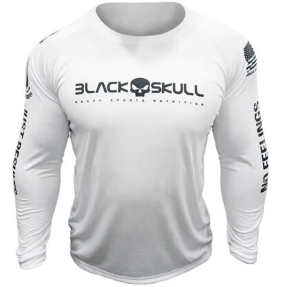 camiseta manga longa dry fit branco black skull