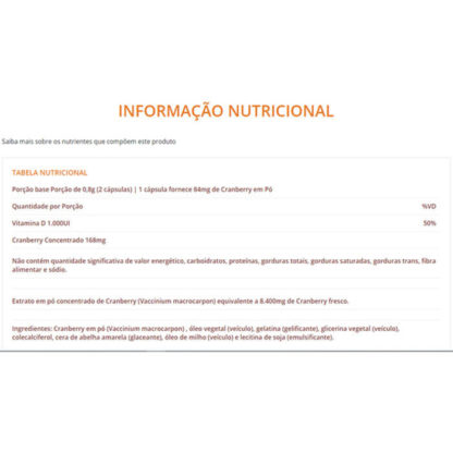 Cranberry Concentrada + Vitamina D (150 caps) tabela Sundown Clean Nutrition