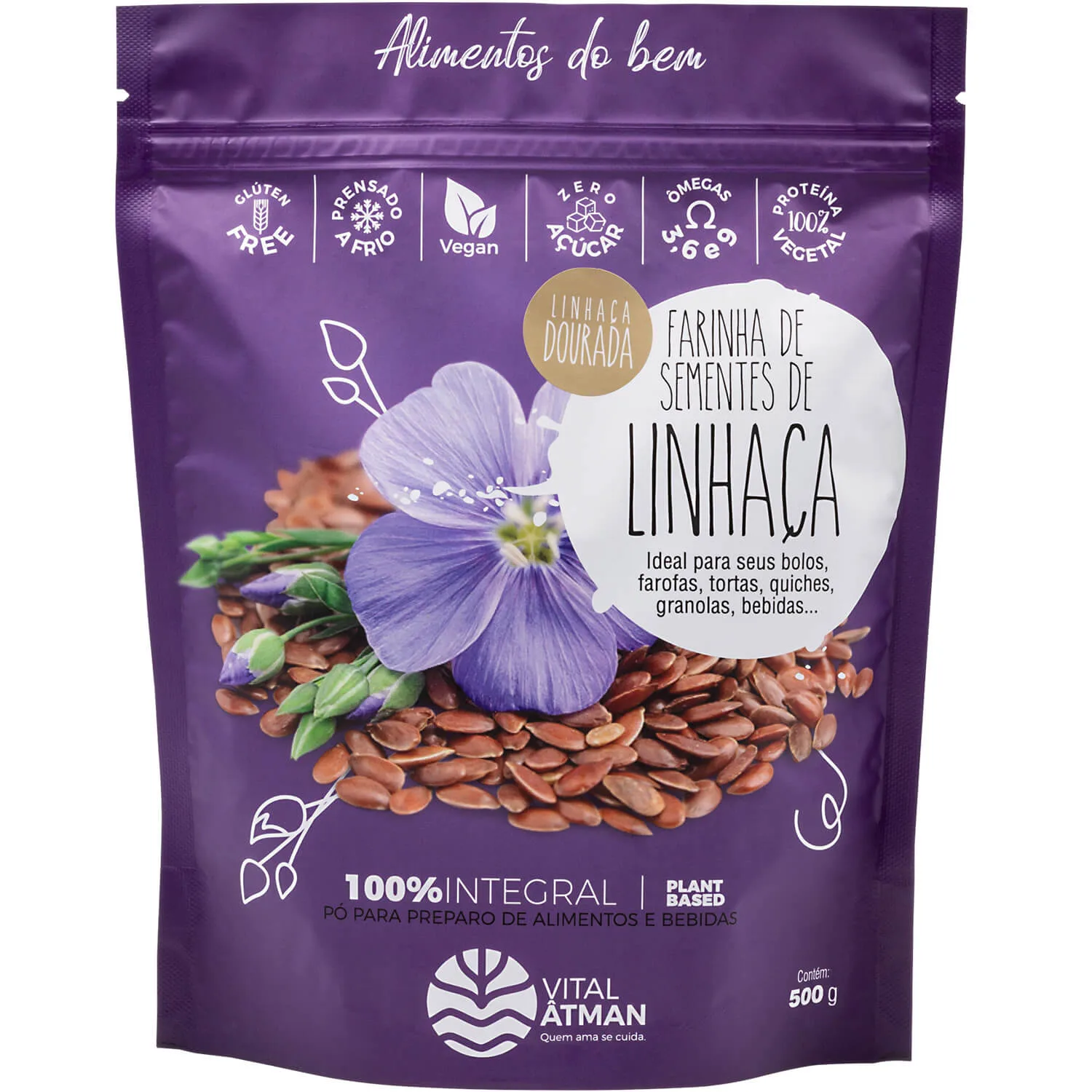 farinha de semente de linhaca dourada 500g vital atman