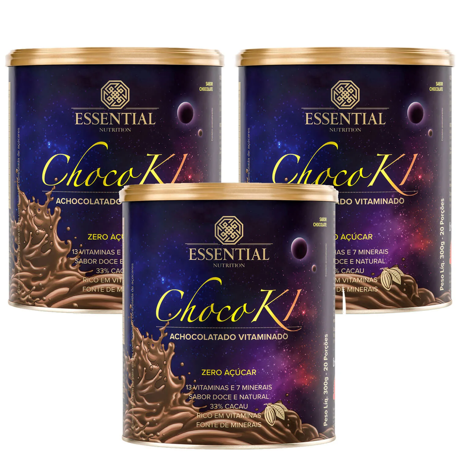 kit 3 chocoki 3 potes de 300g novo essential nutrition