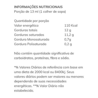 Óleo de Coco Extra Virgem de Película (200ml) Tabela Nutricional Santo Óleo