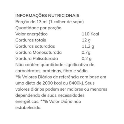 Óleo de Coco Extra Virgem de Polpa (200ml) Tabela Nutricional Santo Óleo