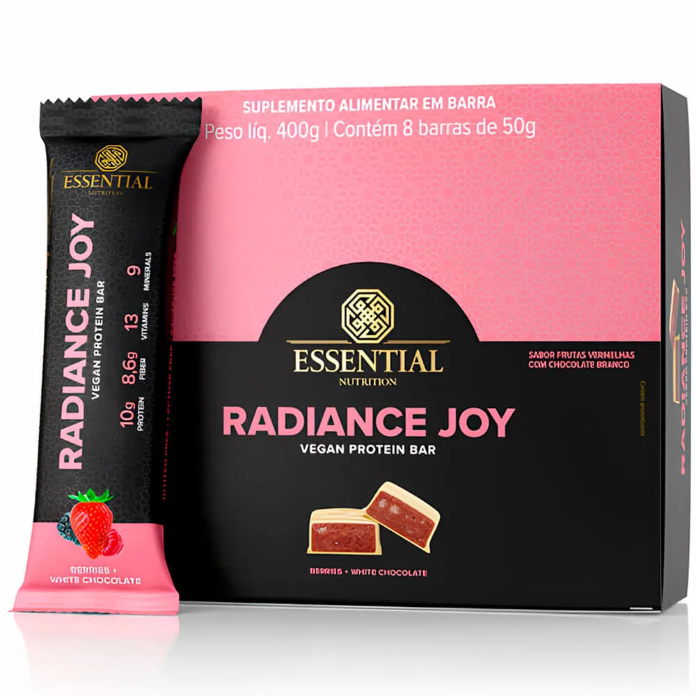 radiance joy protein bar 8 barras de 50g essential nutrition berry choc