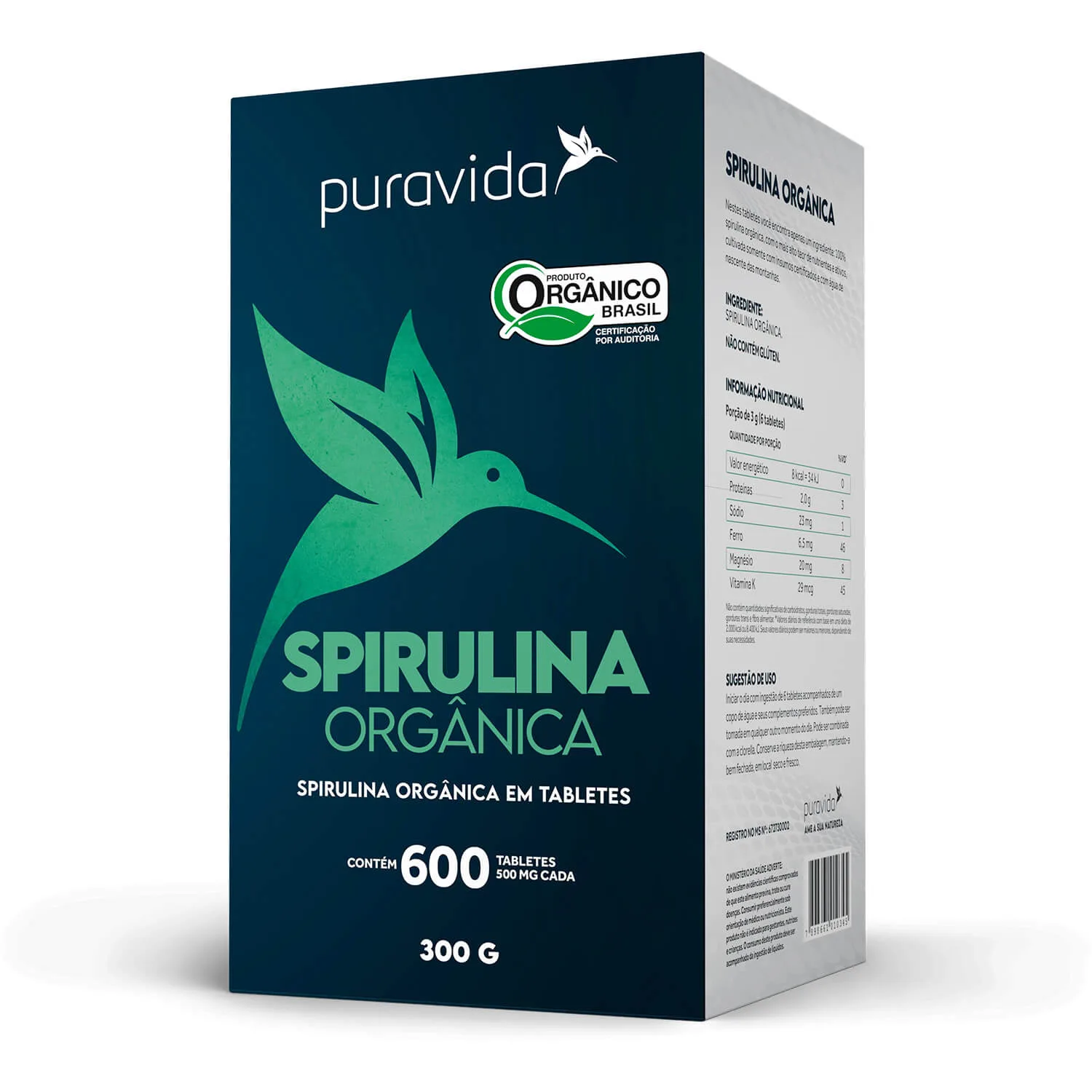 spirulina organica 600 tabs puravida lateral direita