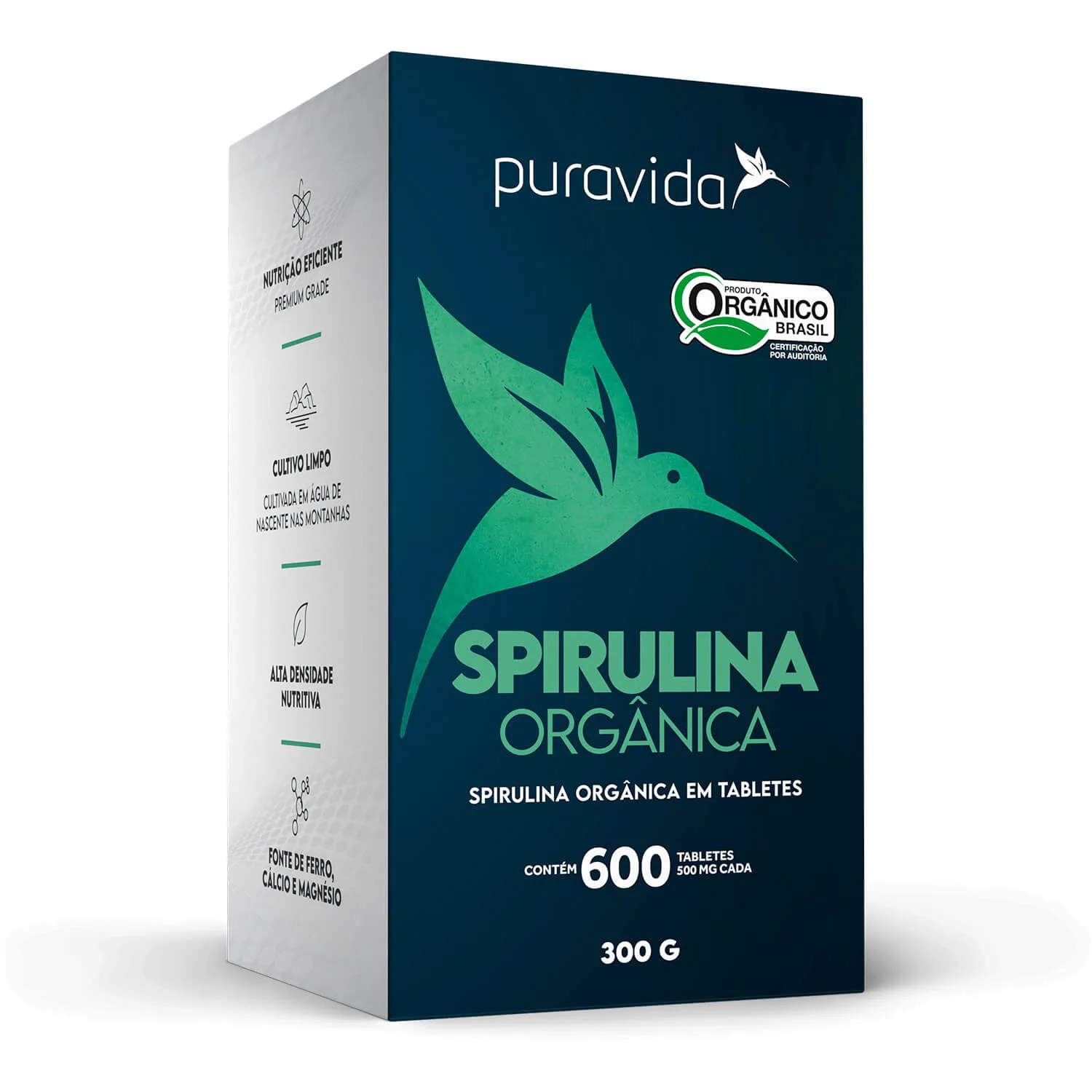 spirulina organica 600 tabs puravida lateral esquerda