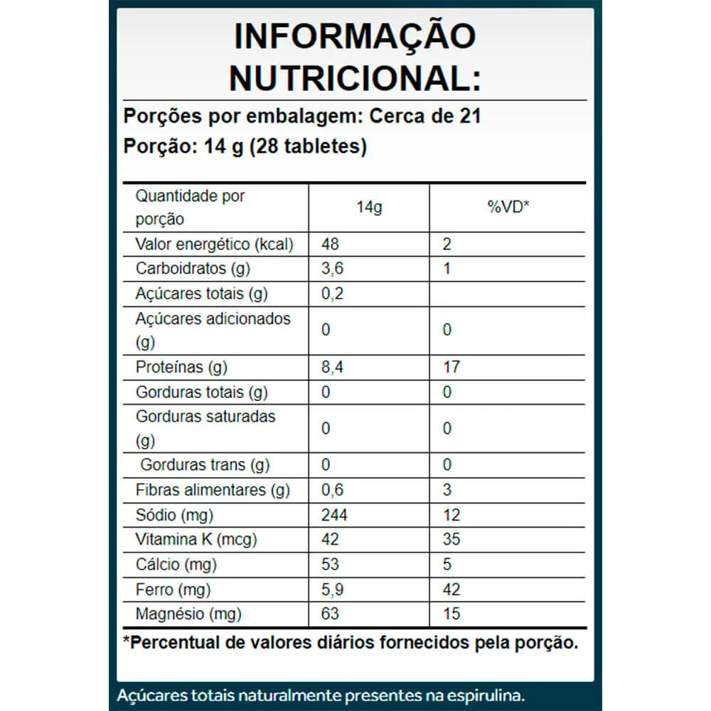 spirulina organica 600 tabs puravida tabela nutricional