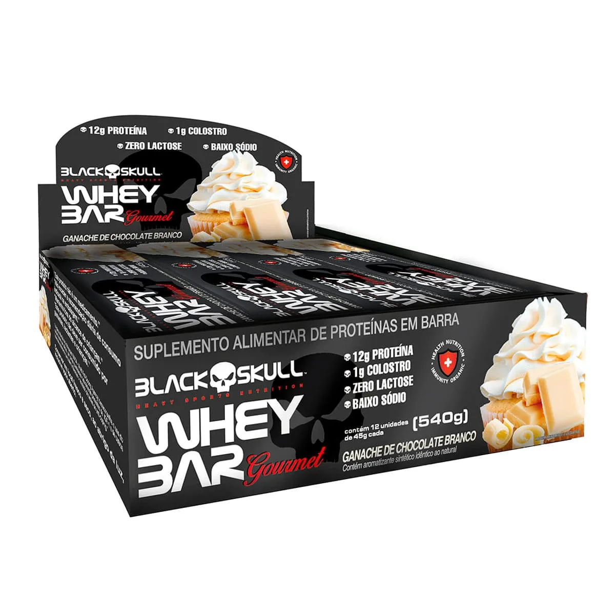 whey bar gourmet display chocolate branco black skull