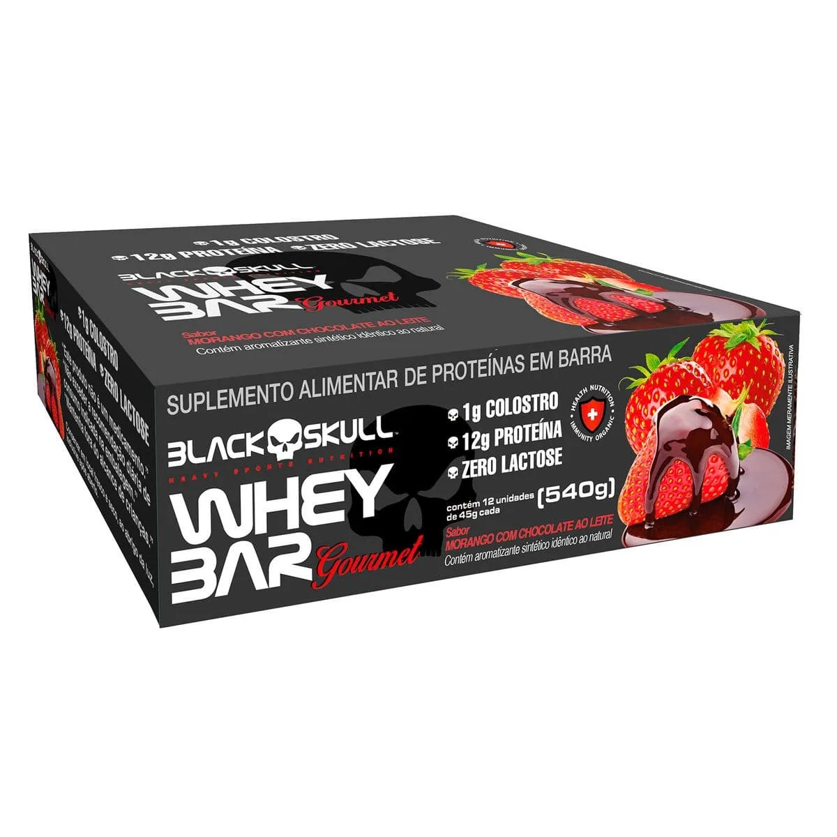 whey bar gourmet display morango com chocolate black skull